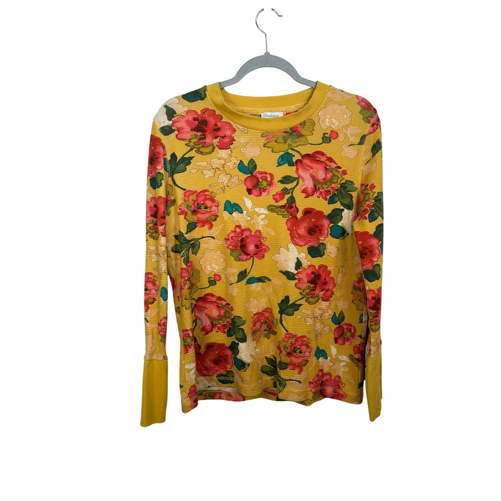 Sundance Floral Waffle Knit Top Womens XL Yellow Good Velvet Button Cuff Thermal